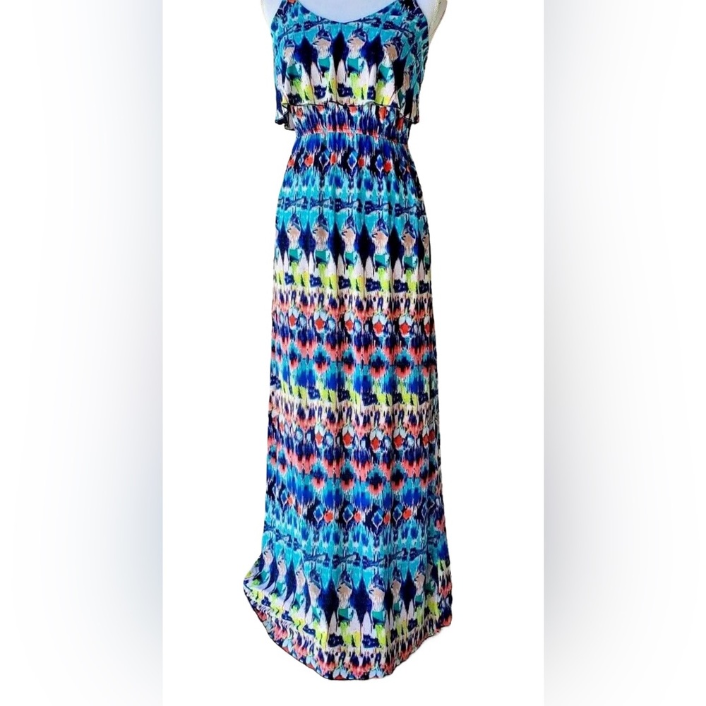 Trixie Spaghetti Strap Watercolored Sexy Maxi Sundress Peplum Dress Blues Greens